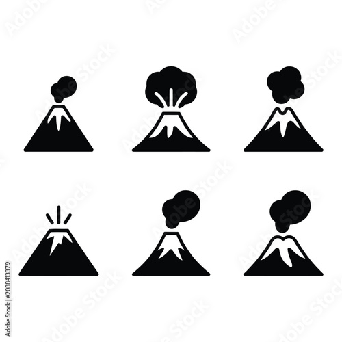 Volcano set of lava eruption icons on a white background
