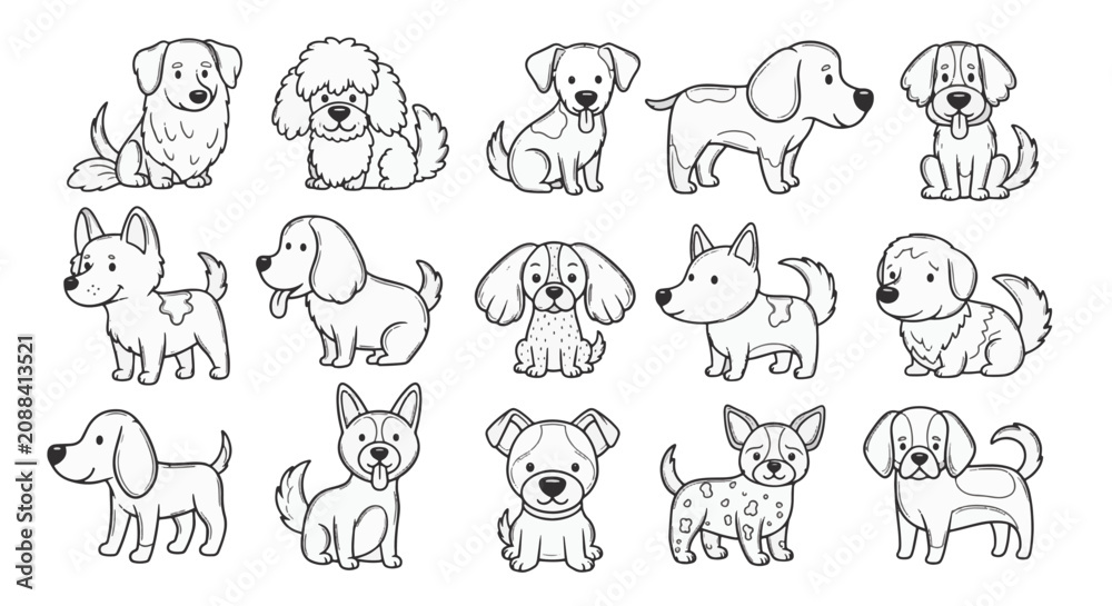 Fototapeta premium Collection of fifteen diverse dog breed illustrations in black and white line art. Cute puppy doodles including poodle, beagle, and retriever for coloring book pages or digital stickers.