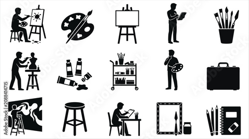 Black silhouettes of artists at work in studio
