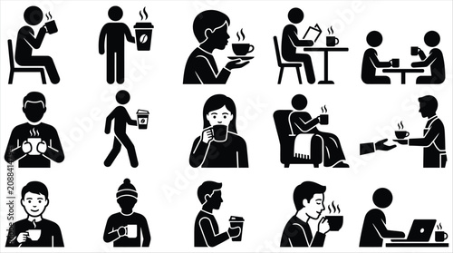 Silhouette icons of people working and drinking coffee