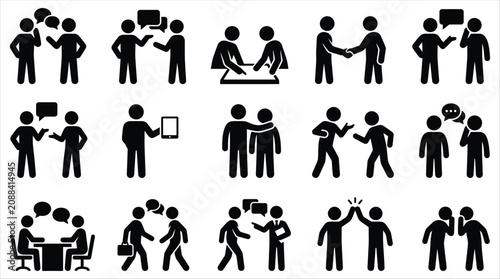 Black silhouette people icons set, business communication and teamwork