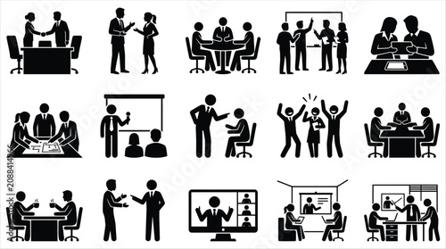 Black silhouettes of business people working and interacting in office settings