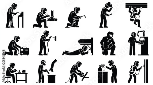 Black silhouettes of workers performing various tasks