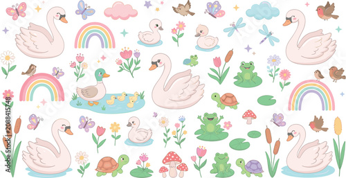 Billede på lærred Cute Pastel Swan and Pond Animals Vector Clipart Set Featuring Rainbows, Flowers