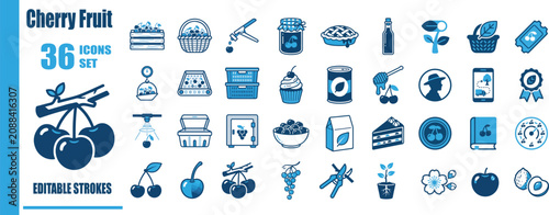 Photography Cherry Fruit Duotone Line Icon Set - Flat Vector Organic Orchard Symbols, Fresh