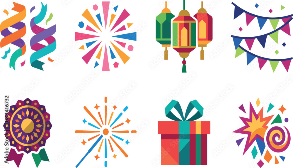 Obraz premium Colorful Festive Party Icons with Confetti, Lanterns, Flags, and Celebration ElementsColorful Festive Party Icons with Confetti, Lanterns, Flags, and Celebration Elements