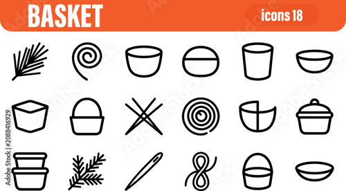 Bild auf Leinwand Basket and weaving supplies thin line icon set
