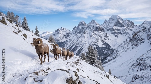 Group of bighorn sheep walking line snowy mountain slope, rugged snow-covered peaks partly cloudy sky background, symbolic representation of wildlife adaptation, endurance, survival, high-altitude env