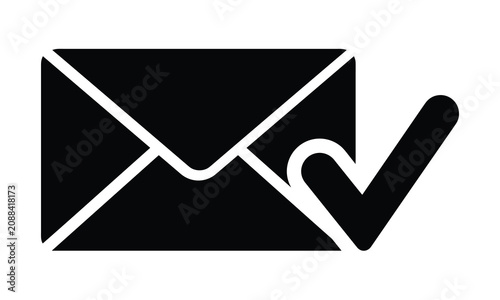 Envelope with checkmark icon, email delivered successfully symbol, newsletter subscription approved, digital message sent confirmation, verification notification black silhouette graphic