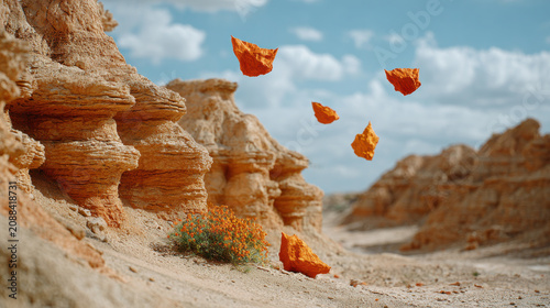 Terracotta mineral rock formations create aesthetic desert landscape with floating orange stones under cloudy blue sky