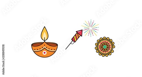 Hand drawn Diwali festival elements including diya oil lamp firework rocket and decorative mandala.