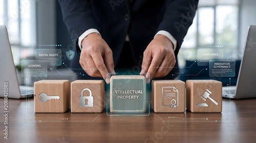 Intellectual property and digital rights management concept with businessman arranging wooden blocks and holographic technology UI