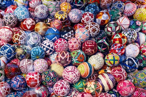 Fotografie A large collection of colorful traditional Japanese Temari balls with detailed e