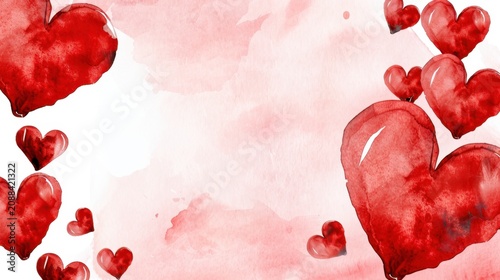 Romantic watercolor hearts in red on a soft pink background for love and Valentine's Day celebrations