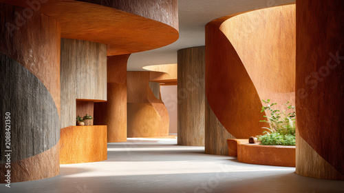 Terracotta walls and mineral textures create aesthetic space with natural light and curved architectural design for warm