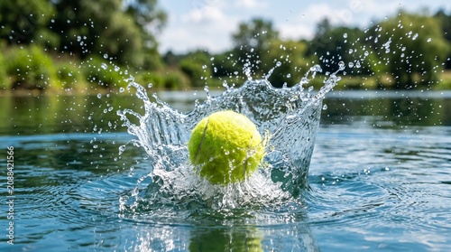 Bright yellow tennis ball splashing into clear blue swimming pool, water droplets flying outward, tiled edge palm trees sunny sky background, symbolic representation of motion, energy, precision, dyna