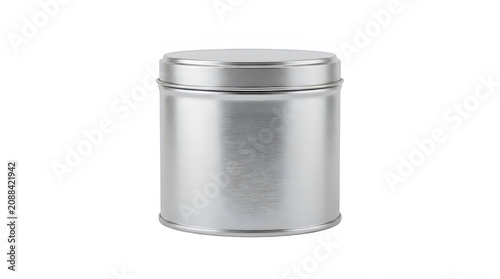 Silver metal cylindrical canister with lid, isolated on a transparent background