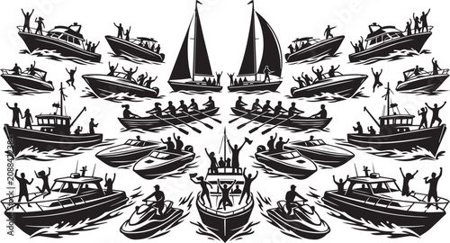 Foto Diverse watercraft with celebratory people during a sunny day event