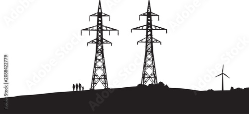 Fotografía Electricity pylons and wind turbine silhouettes against a horizon during daytime