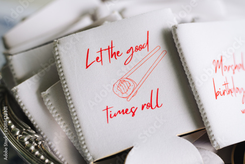 Принти на полотні Custom folded can insulators with sushi illustration and pun text