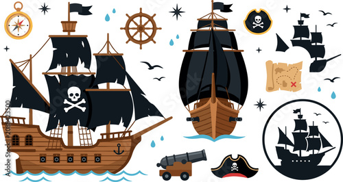 Canvastavla Pirate Ship and Nautical Adventure Vector Set with Jolly Roger Skull Sails Compa
