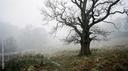 Large leafless oak tree twisting branches in grassy frosty field, foggy atmosphere narrow dirt path leading, misty background faint hills, symbolic representation of solitude, serenity, nature, timele