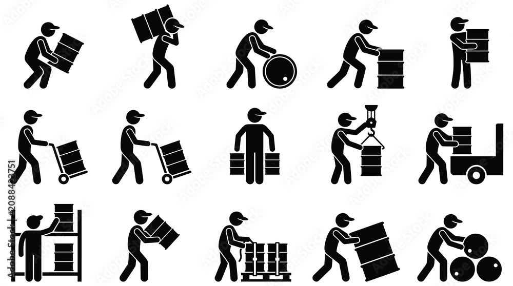 Obraz premium Moving workers icons set, laborers lifting boxes