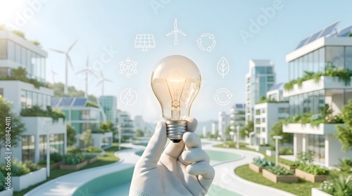Hand Holding Glowing Lightbulb with Renewable Energy Icons Over Modern Eco-Friendly City Representing Sustainable Living Solutions