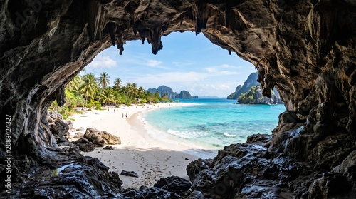 View from rocky cave interior framing tropical beach, turquoise water sandy shore lush vegetation, partly cloudy blue sky, distant figures walking, symbolic representation of contrast, nature, discove