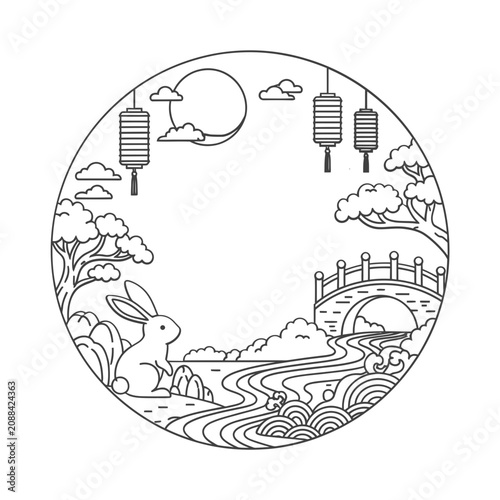 Obraz na plátně Mid Autumn Chuseok Rabbit Bridge Lantern Landscape Vector