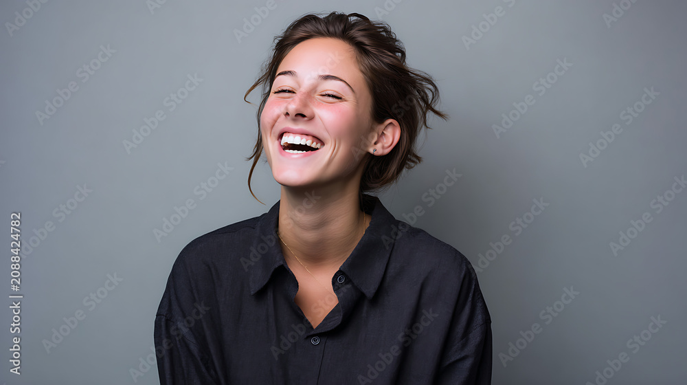 Fototapeta premium happy young woman with curly hair smiling brightly in a casual studio portrait against grey background