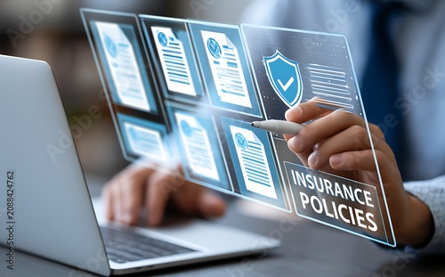 Businessman reviewing digital insurance policies and compliance documents on laptop and tablet. Risk management data security policy protection, regulatory compliance and insurance technology concept.