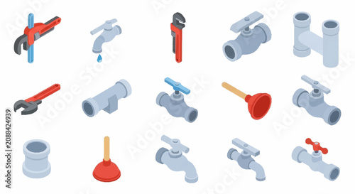 Bild auf Leinwand Collection of plumbing tools and fittings in flat design.