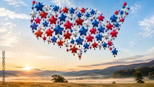 Star shaped balloons forming USA silhouette over sunrise landscape