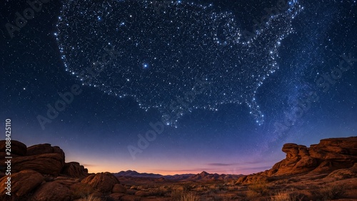 USA constellation made of stars over quiet desert landscape at twilight