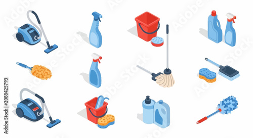 Quadro su tela Colorful isometric icons of household cleaning supplies and tools