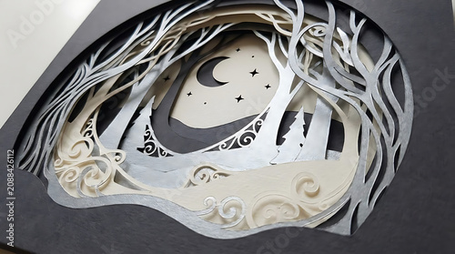 Enchanting layered paper forest scene with moon and stars cutout