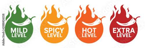 Red chili peppers fire flames icon, featuring mild, spicy, hot, and extra hot level labels with green, yellow, and orange indicators for food heat rating. Vector illustration.