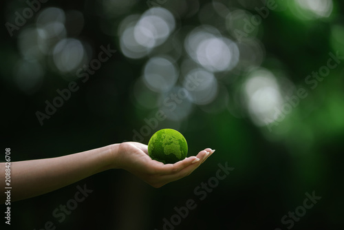 Fotografie Hand holding a green moss-covered Earth symbolizing environmental protection, sustainability, climate action, and a greener future