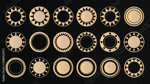 Gold geometric round borders vector set golden circle frames with sunburst elements isolated on black background luxurious graphic badges collection.