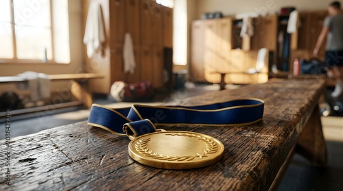 Golden medal with blue ribbon on wooden bench in a locker room after sports victory