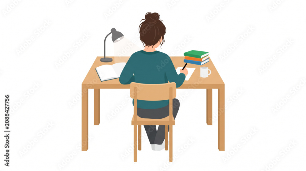 Fototapeta premium Young woman studying and writing thesis paper at office desk under desk lamp light illustration