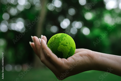 Fotografija Hand holding a green moss-covered Earth symbolizing environmental protection, sustainability, climate action, and a greener future