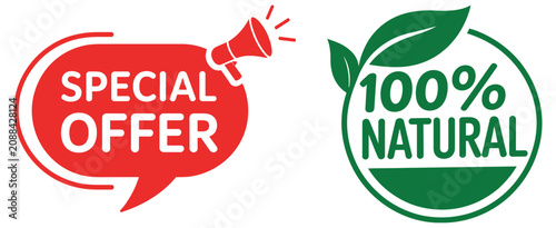 Red megaphone special offer next to a green one hundred percent natural badge featuring two leaves for organic products, eco friendly branding, promotional marketing, and retail packaging.