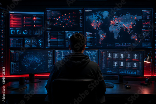 Cybersecurity operations analyst monitoring global threat maps, alert dashboards, and network activity across multiple screens in dark command center with red warnings and servers nearby