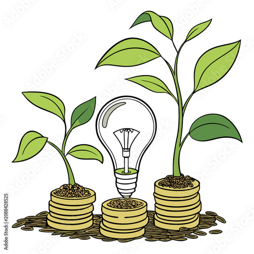 Schilderij op canvas A cartoon showing green plants growing out of stacks of gold coins with a light