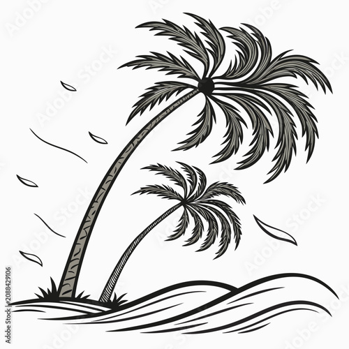 Konstfotografi Black and white of two palm trees swaying in a strong wind with blowing leaves o