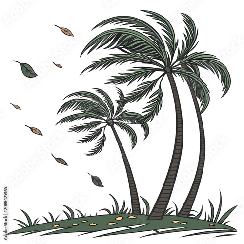 Obraz na plátne Two palm trees swaying in a strong wind with falling leaves on a grassy patch, t