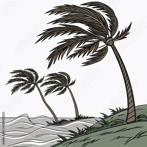 Tropical palm trees bending in a strong wind with ocean waves on a white background, colored storm