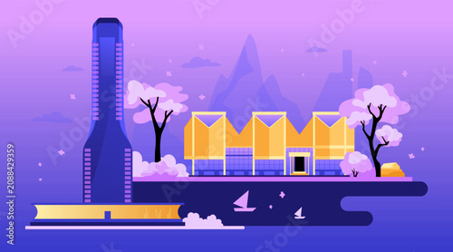 Waterfront and Modern Art Museum - colorful flat design illustration